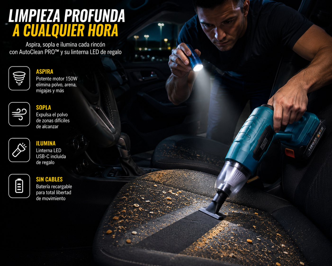 AutoClean PRO™ | Aspiradora Multifunción Profesional + Linterna LED USB-C GRATIS