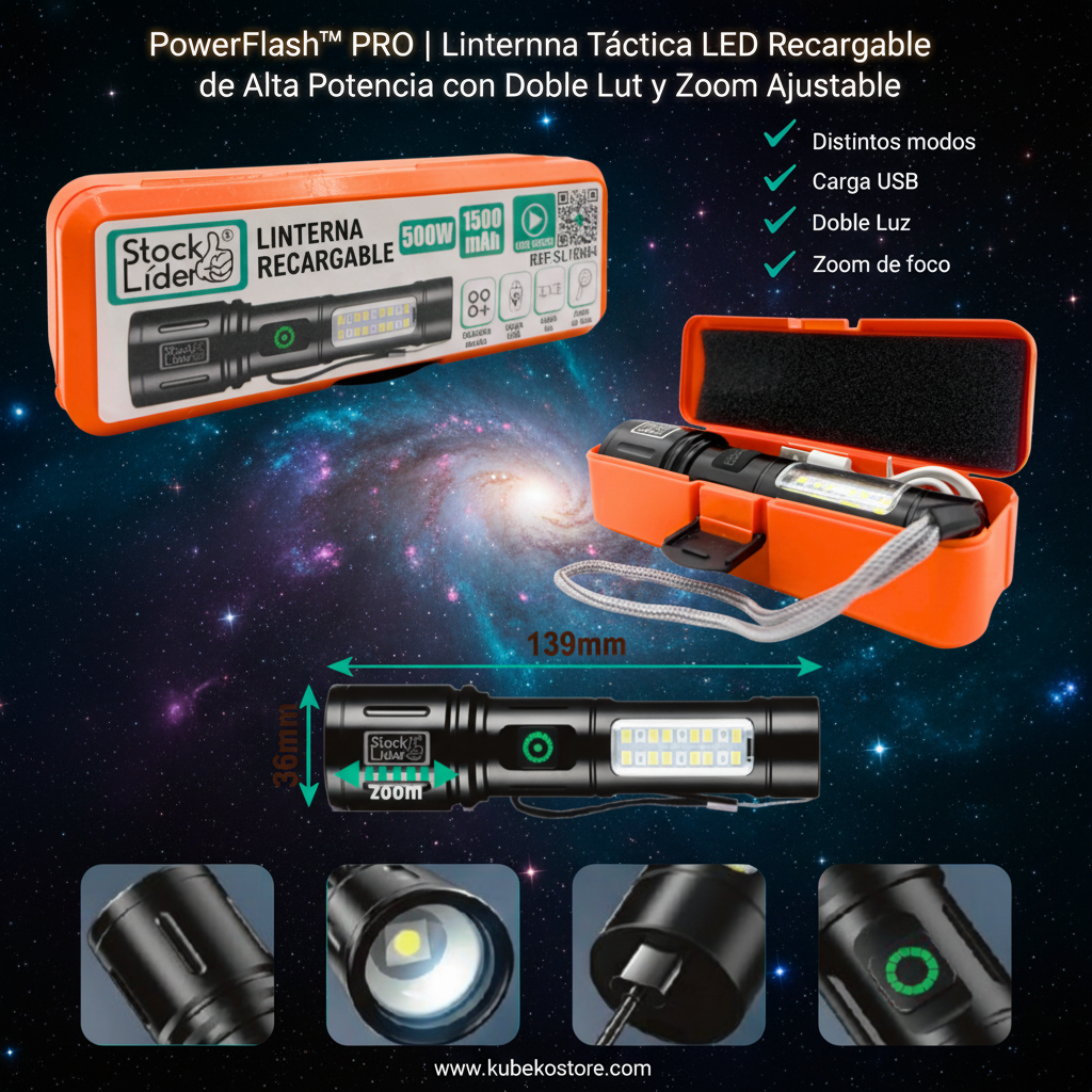 PowerFlash™ PRO USB-C | Linterna Táctica LED Recargable de Alta Potencia con Doble Luz y Zoom Ajustable