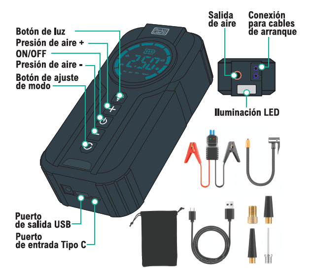 Kit Emergencia Total PRO™ | Arrancador + Compresor + Power Bank + Parasol GRATIS