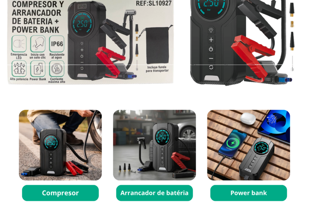 Kit Emergencia Total PRO™ | Arrancador + Compresor + Power Bank + Parasol GRATIS