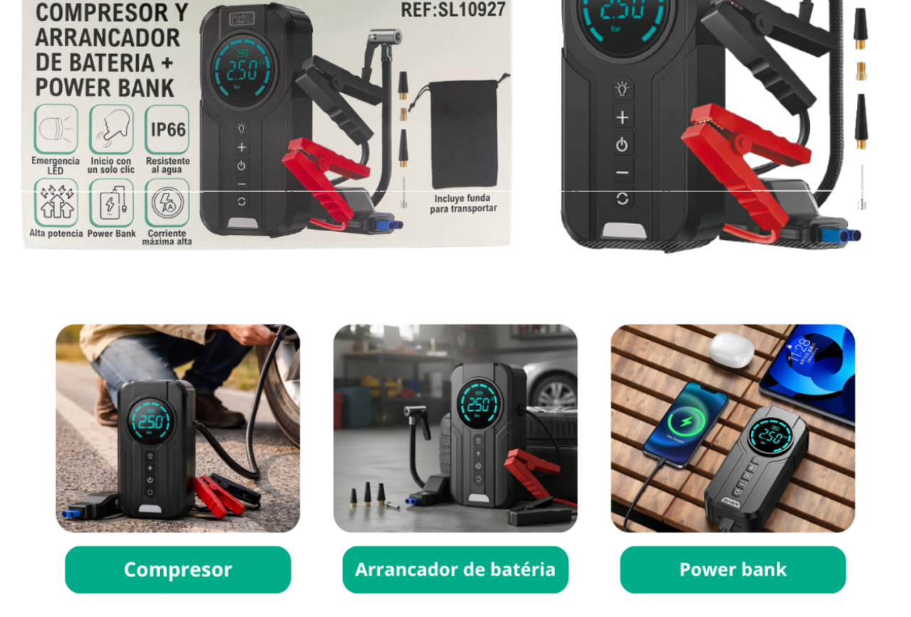 Kit Emergencia Total PRO™ | Arrancador + Compresor + Power Bank + Parasol GRATIS