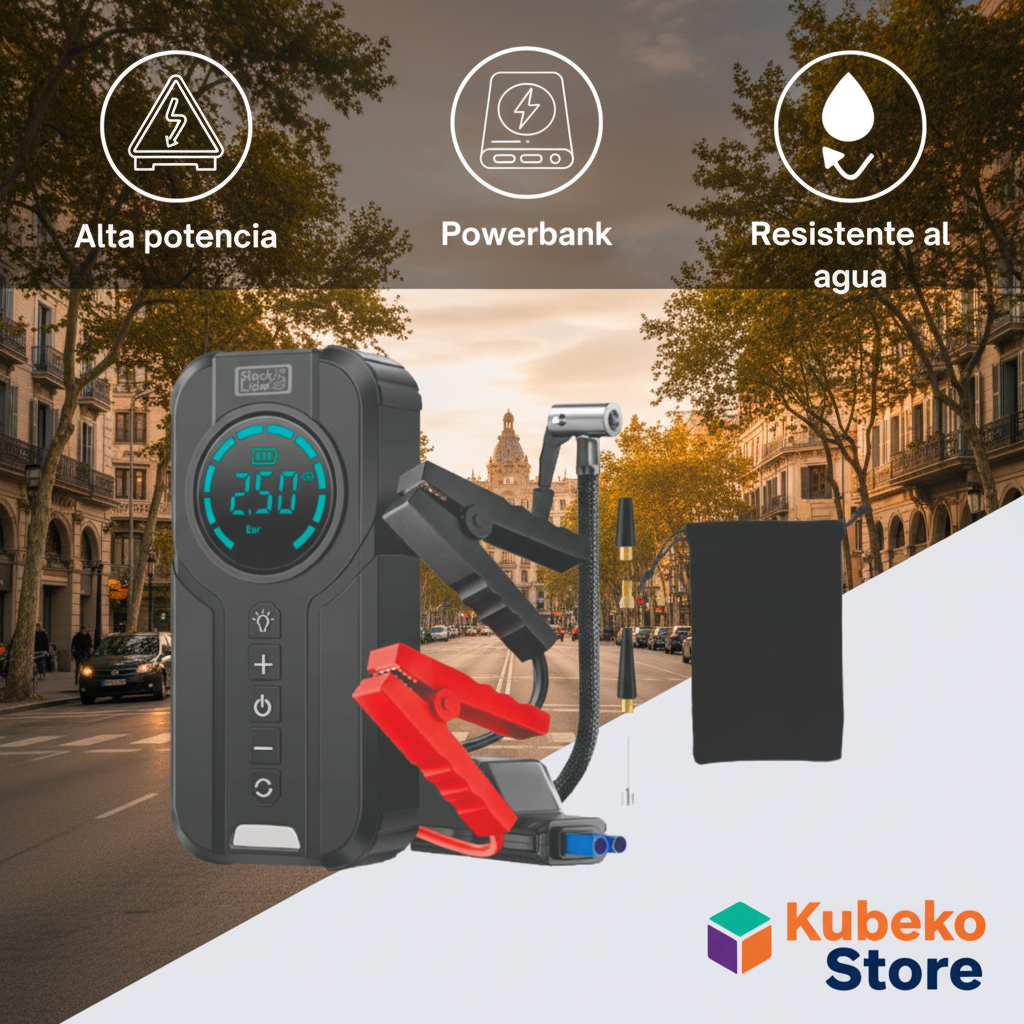 Kit Emergencia Total PRO™ | Arrancador + Compresor + Power Bank + Parasol GRATIS