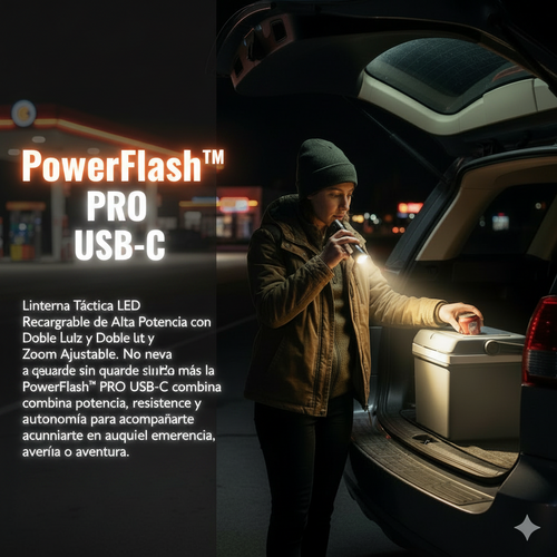 PowerFlash™ PRO USB-C | Linterna Táctica LED Recargable de Alta Potencia con Doble Luz y Zoom Ajustable