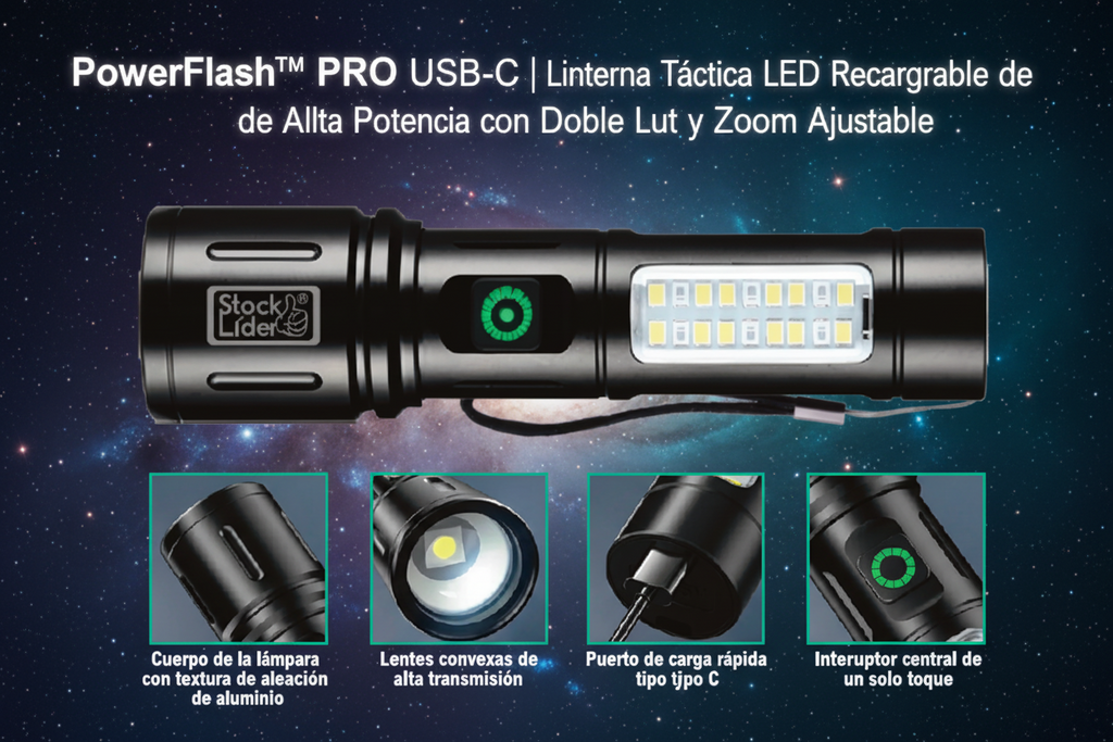 PowerFlash™ PRO USB-C | Linterna Táctica LED Recargable de Alta Potencia con Doble Luz y Zoom Ajustable