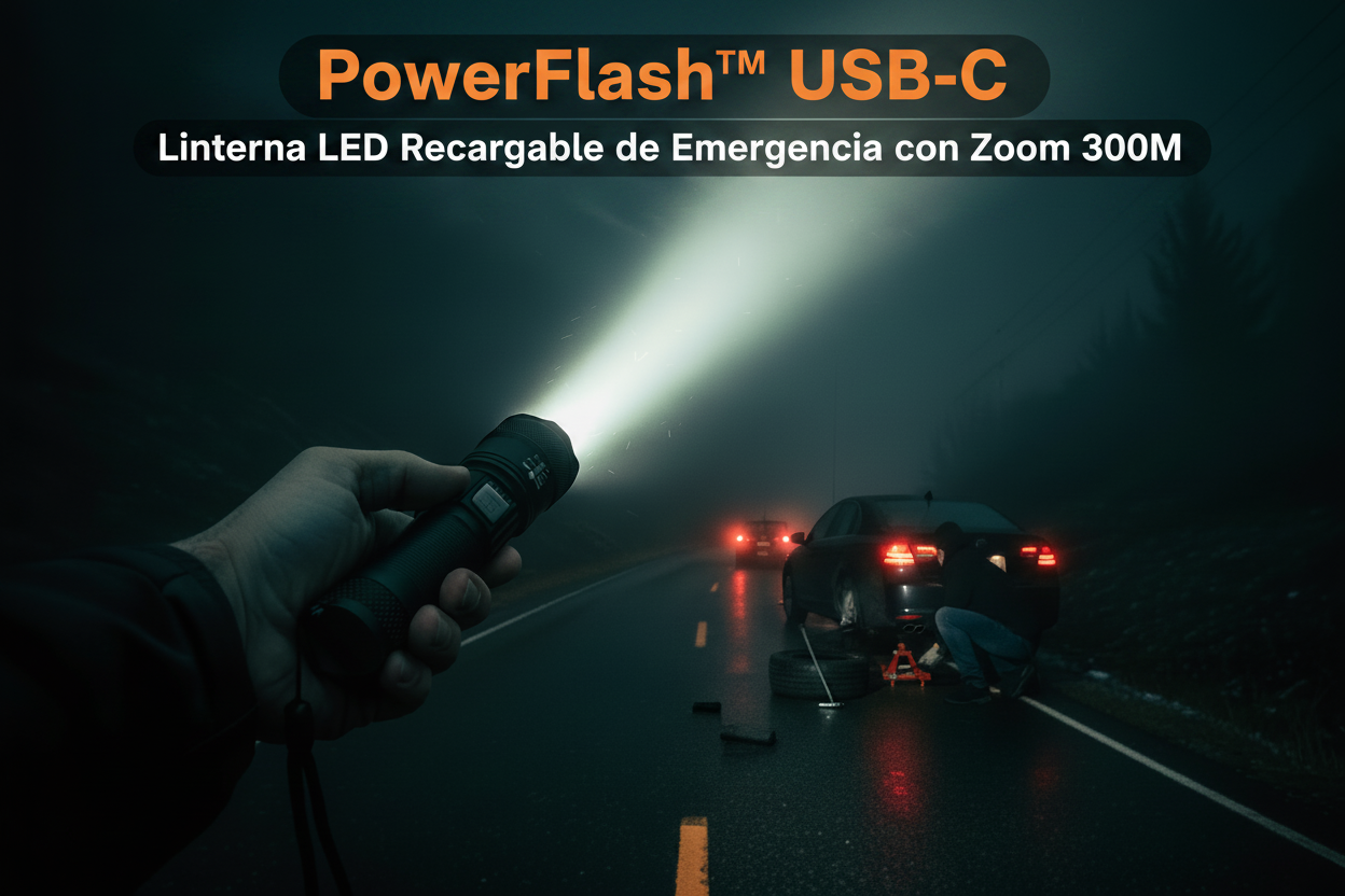 PowerFlash™ USB-C – Linterna LED Recargable de Emergencia con Zoom 300M