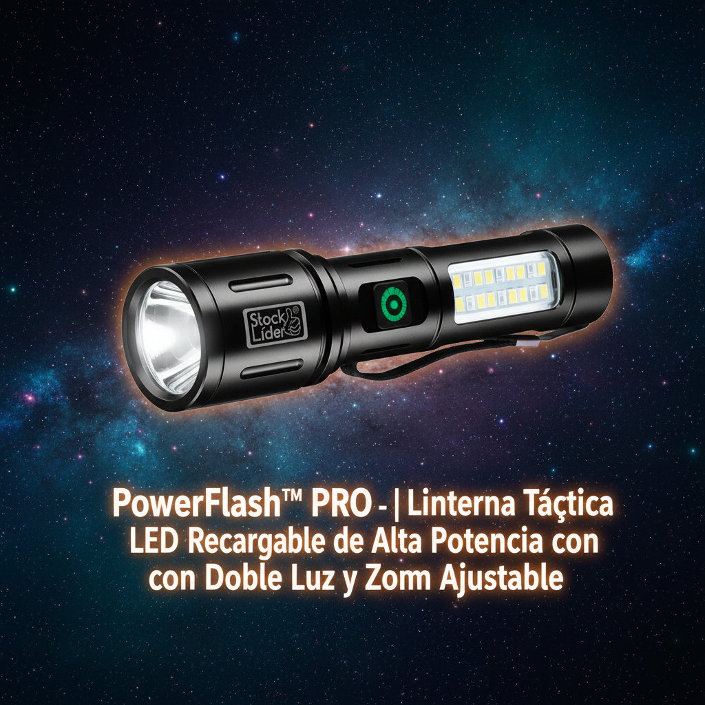 PowerFlash™ PRO USB-C | Linterna Táctica LED Recargable de Alta Potencia con Doble Luz y Zoom Ajustable