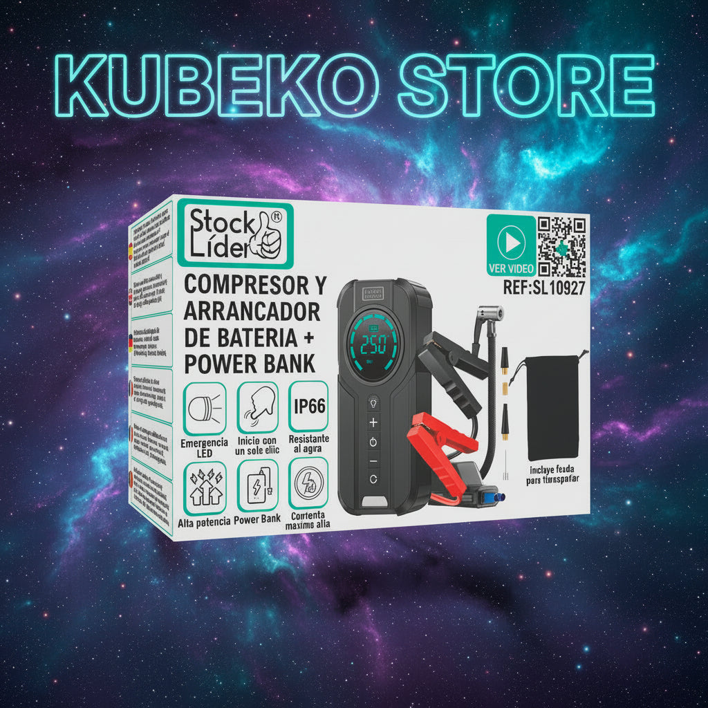 Kit Emergencia Total PRO™ | Arrancador + Compresor + Power Bank + Parasol GRATIS